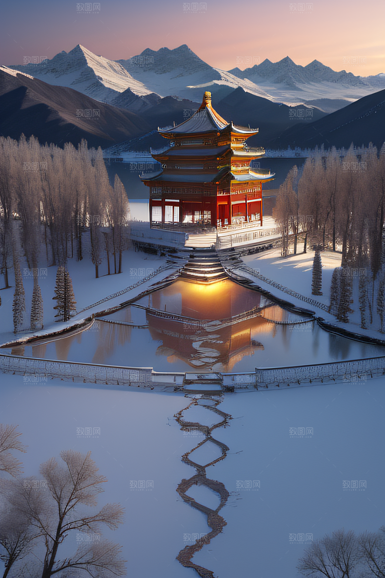 美丽日出梦幻般的黄金冰雪湖