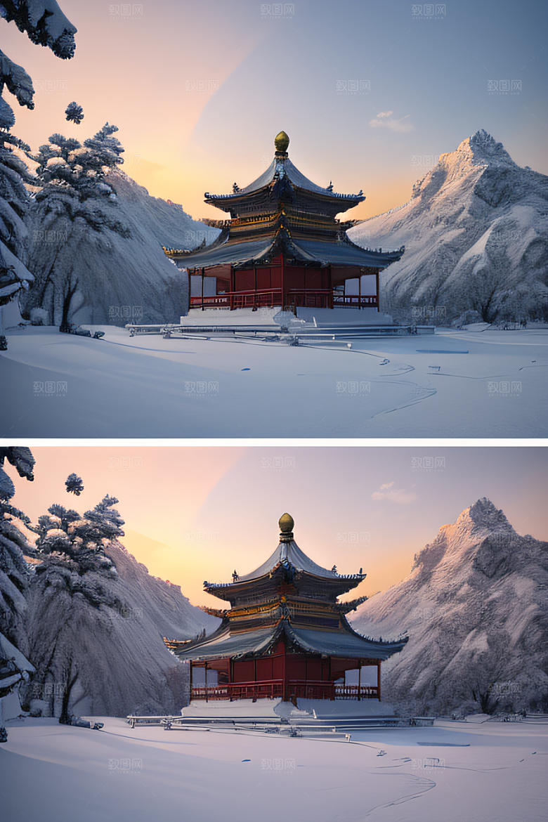 美丽日出梦幻般的黄金冰雪湖