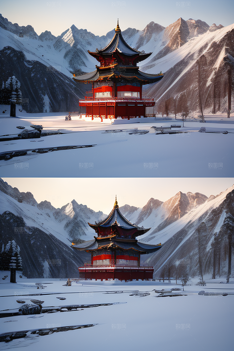 美丽日出梦幻般的黄金冰雪湖