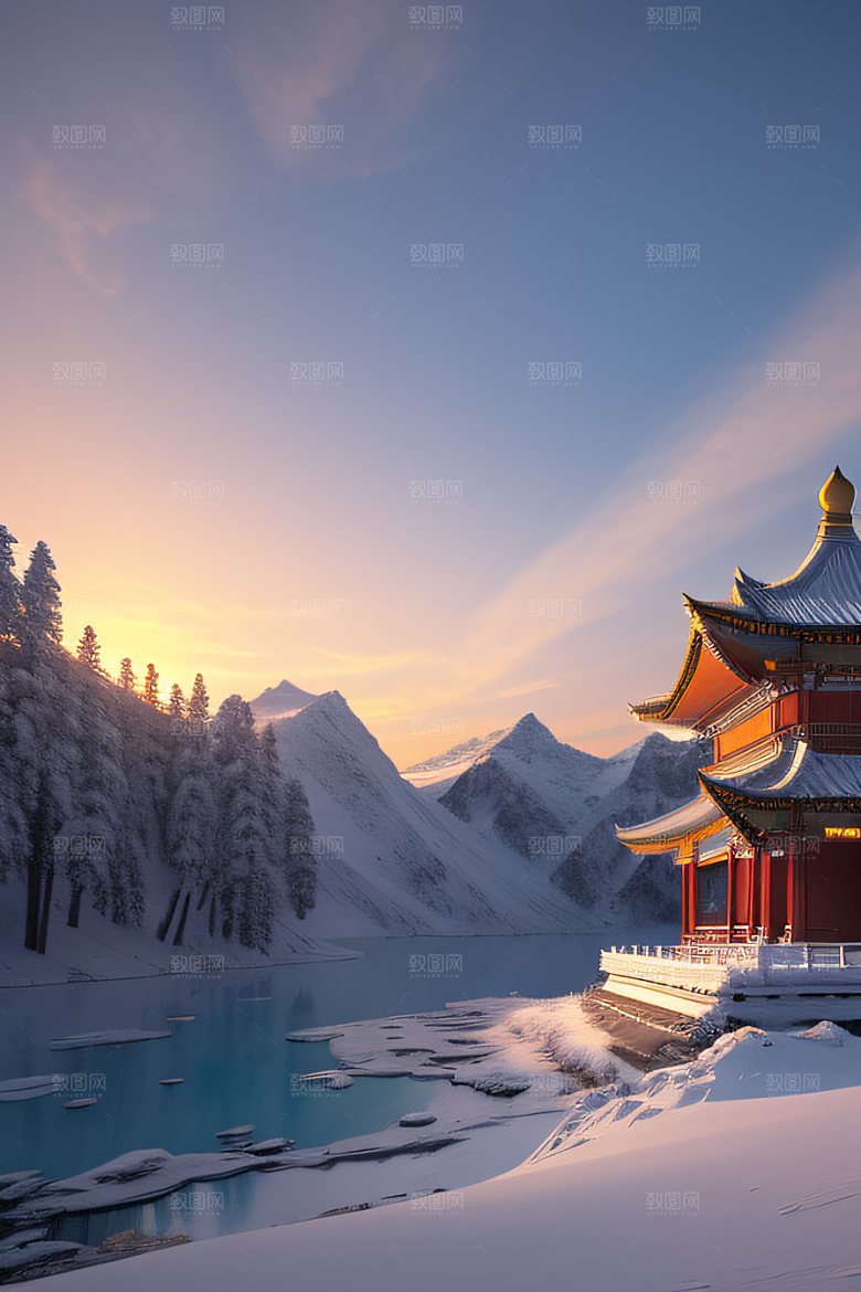 美丽日出梦幻般的黄金冰雪湖