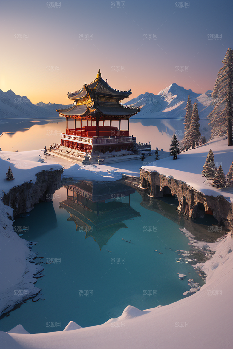 美丽日出梦幻般的黄金冰雪湖