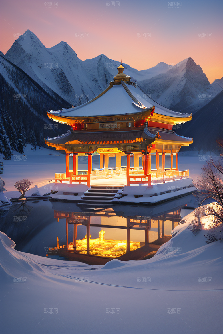 美丽日出梦幻般的黄金冰雪湖