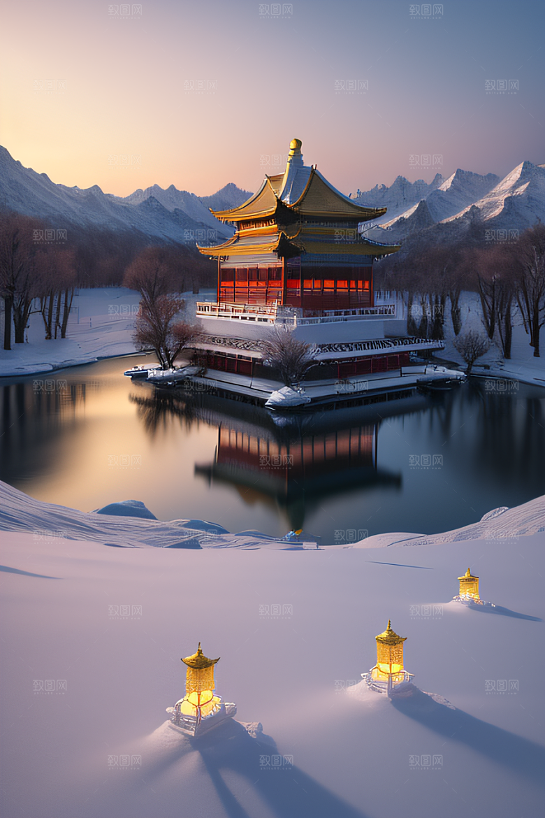 美丽日出梦幻般的黄金冰雪湖