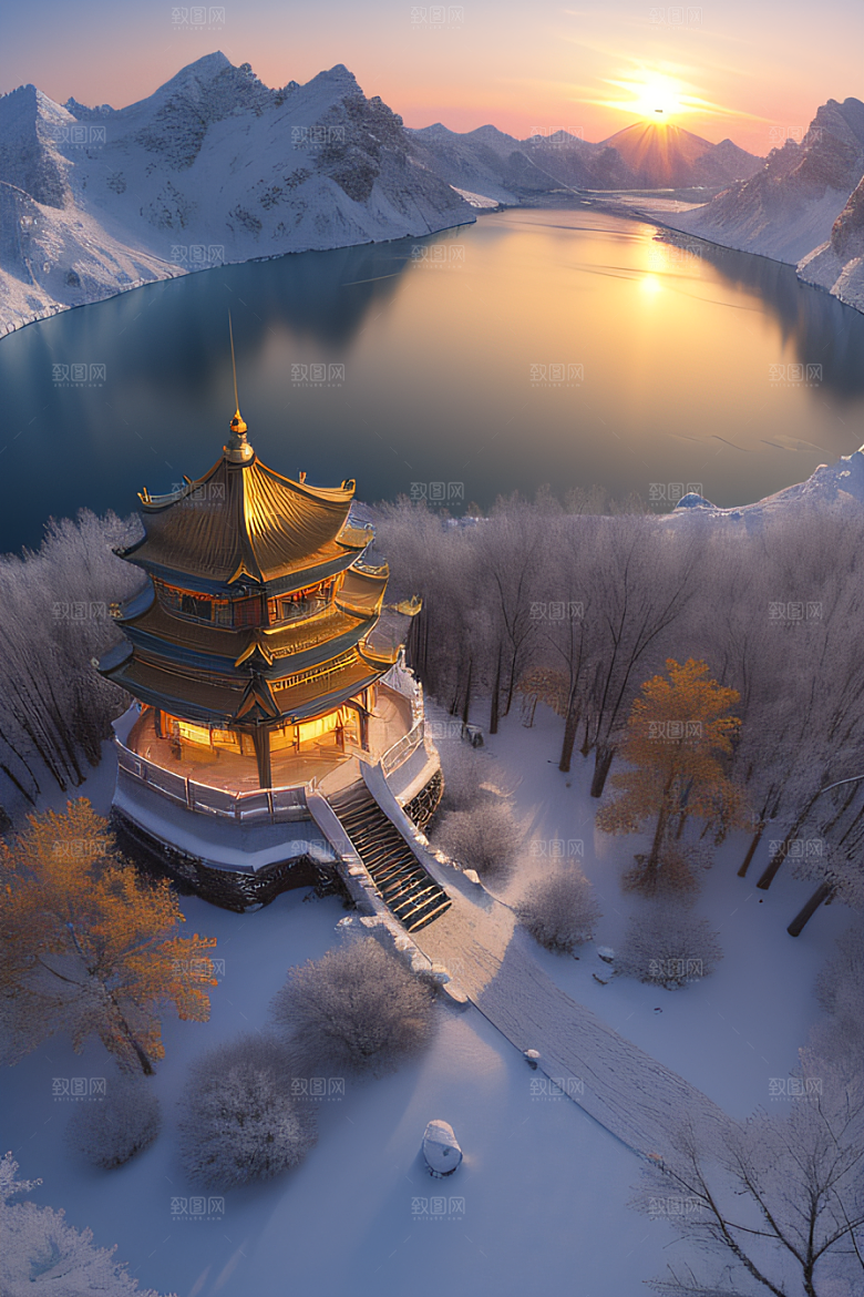美丽日出梦幻般的黄金冰雪湖