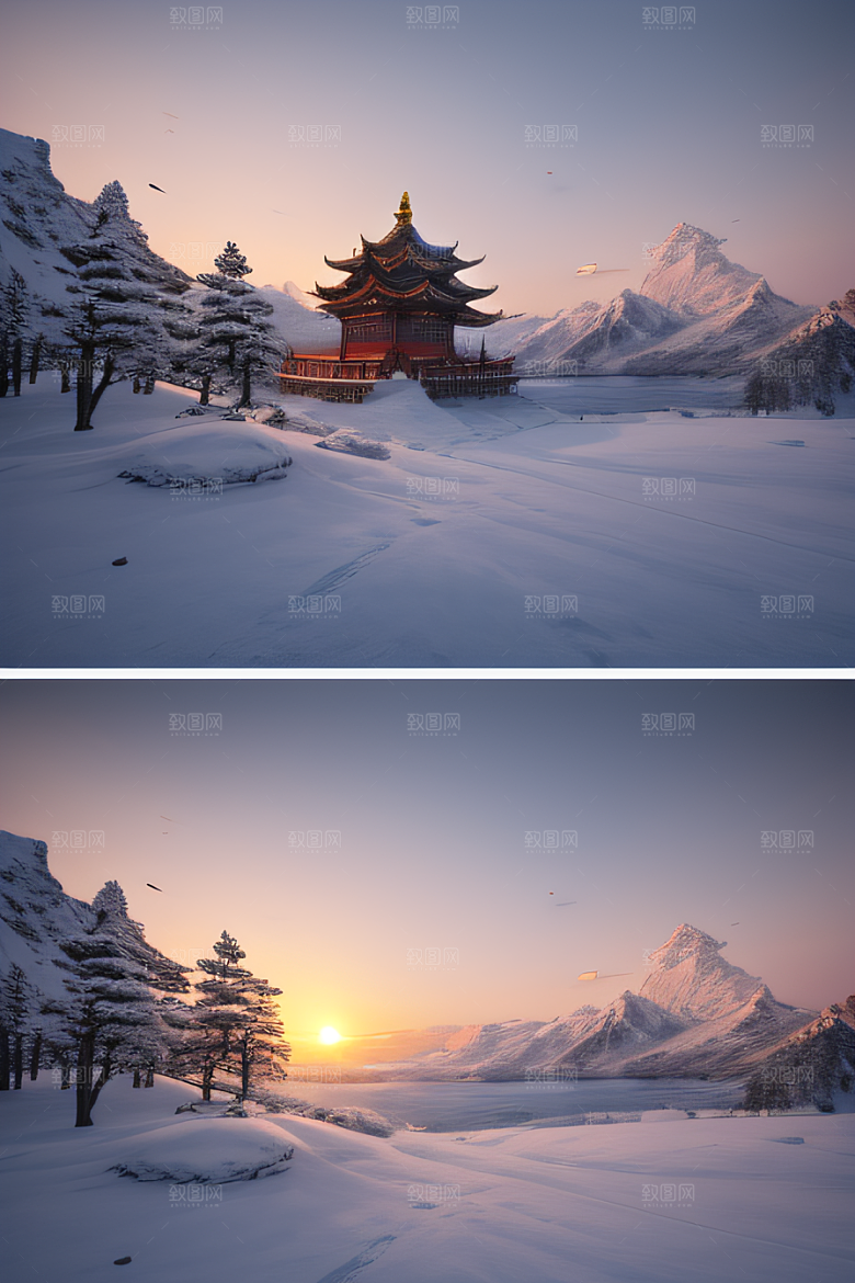 美丽日出梦幻般的黄金冰雪湖
