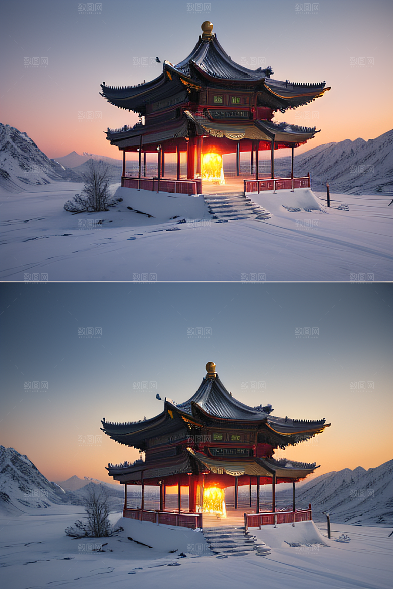 美丽日出梦幻般的黄金冰雪湖