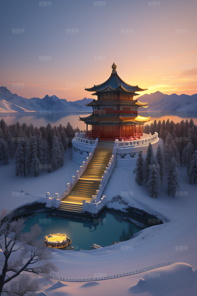 仙宫殿堂晨曦绘就的瑰丽景色