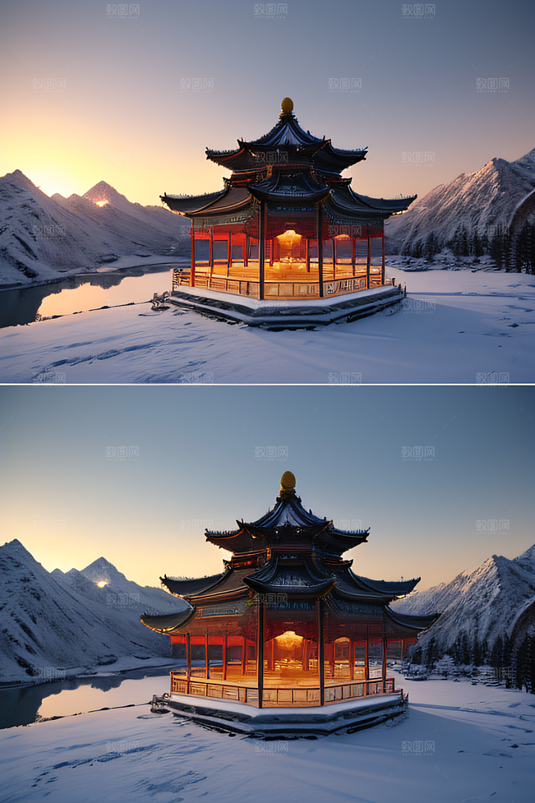 仙宫殿堂晨曦绘就的瑰丽景色