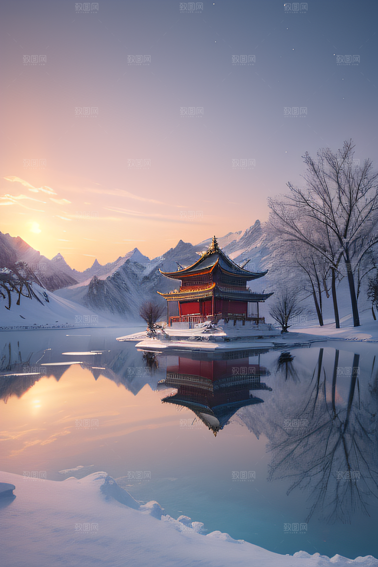 仙宫殿堂晨曦绘就的瑰丽景色