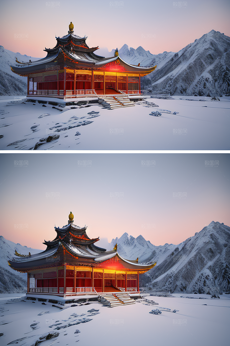 仙宫殿堂晨曦绘就的瑰丽景色