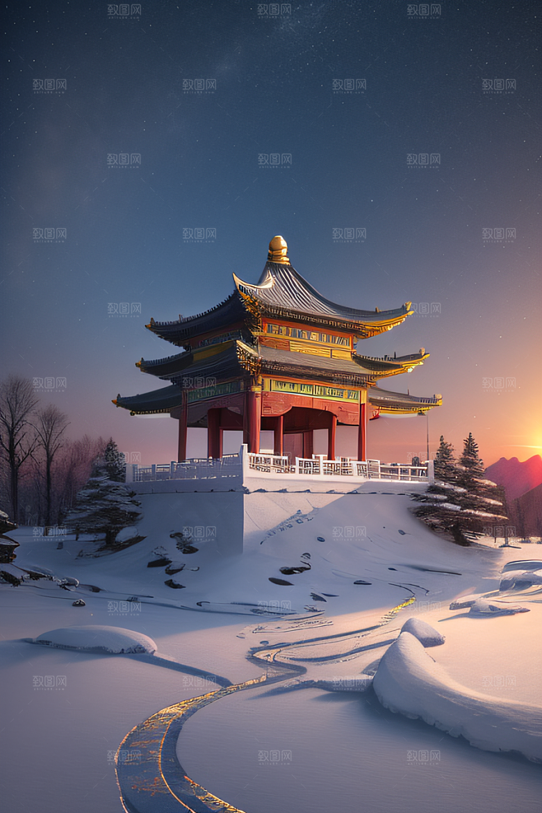 仙宫殿堂晨曦绘就的瑰丽景色