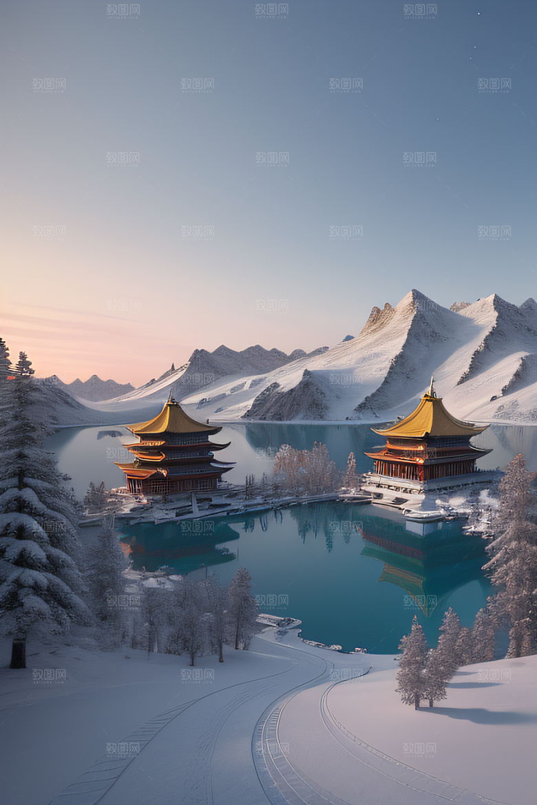 仙宫殿堂晨曦绘就的瑰丽景色