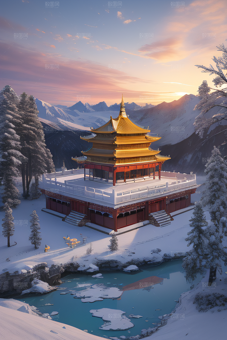 仙宫殿堂晨曦绘就的瑰丽景色