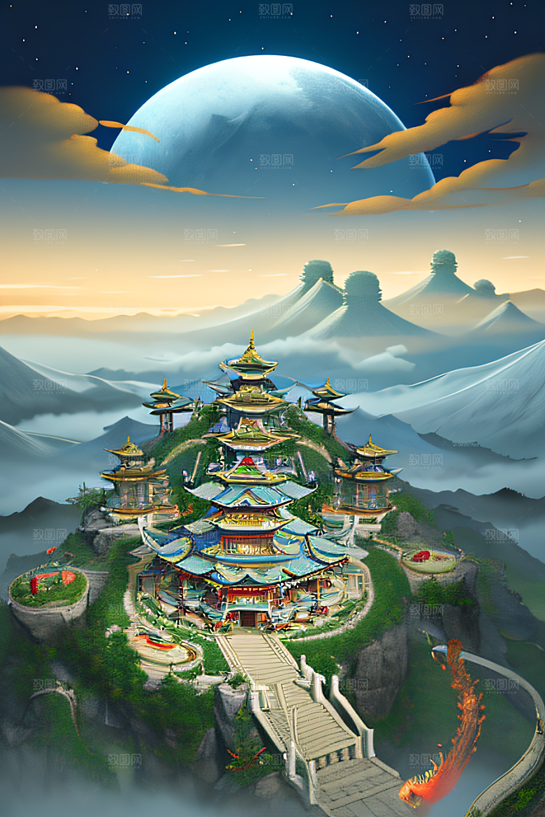 神龙翱翔白云神话传说的超现实场景