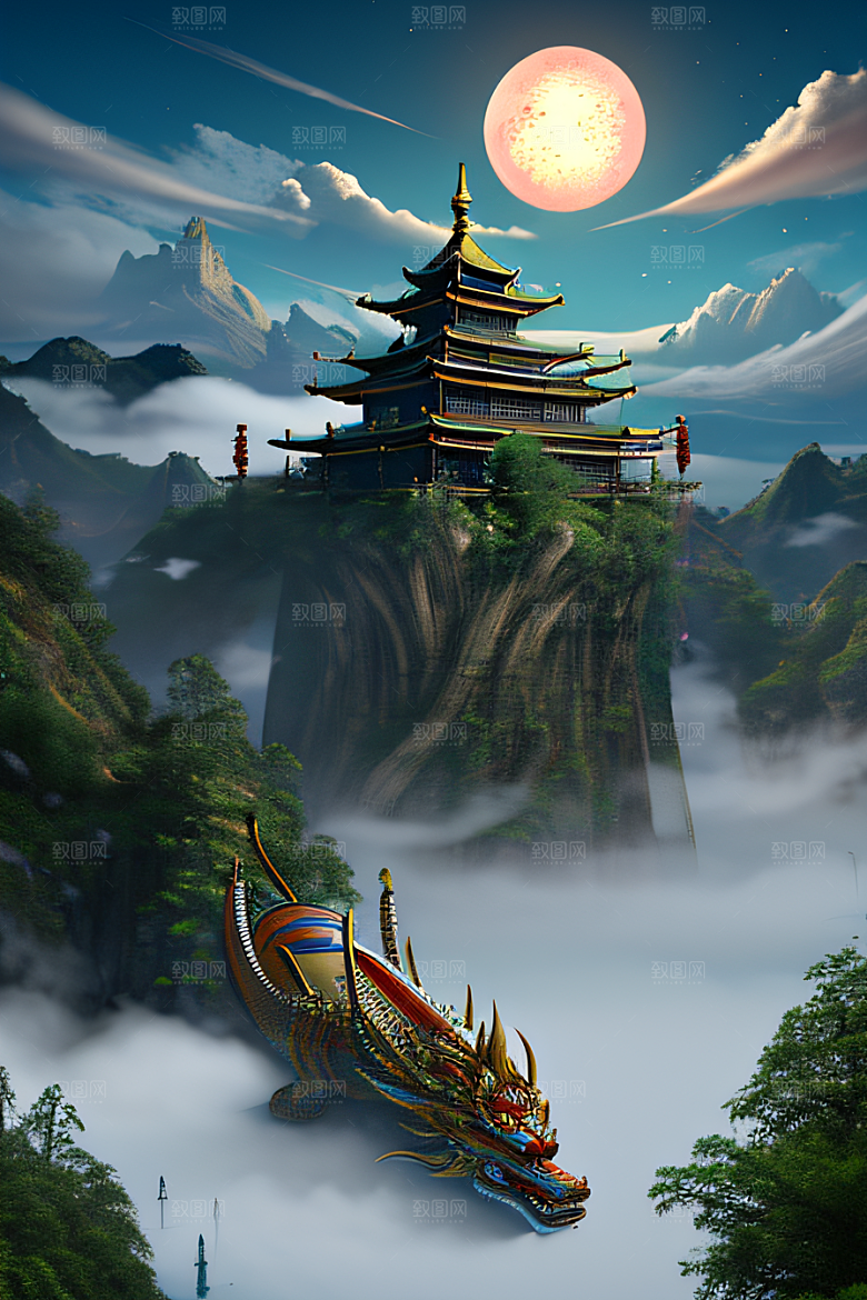 神龙翱翔白云神话传说的超现实场景
