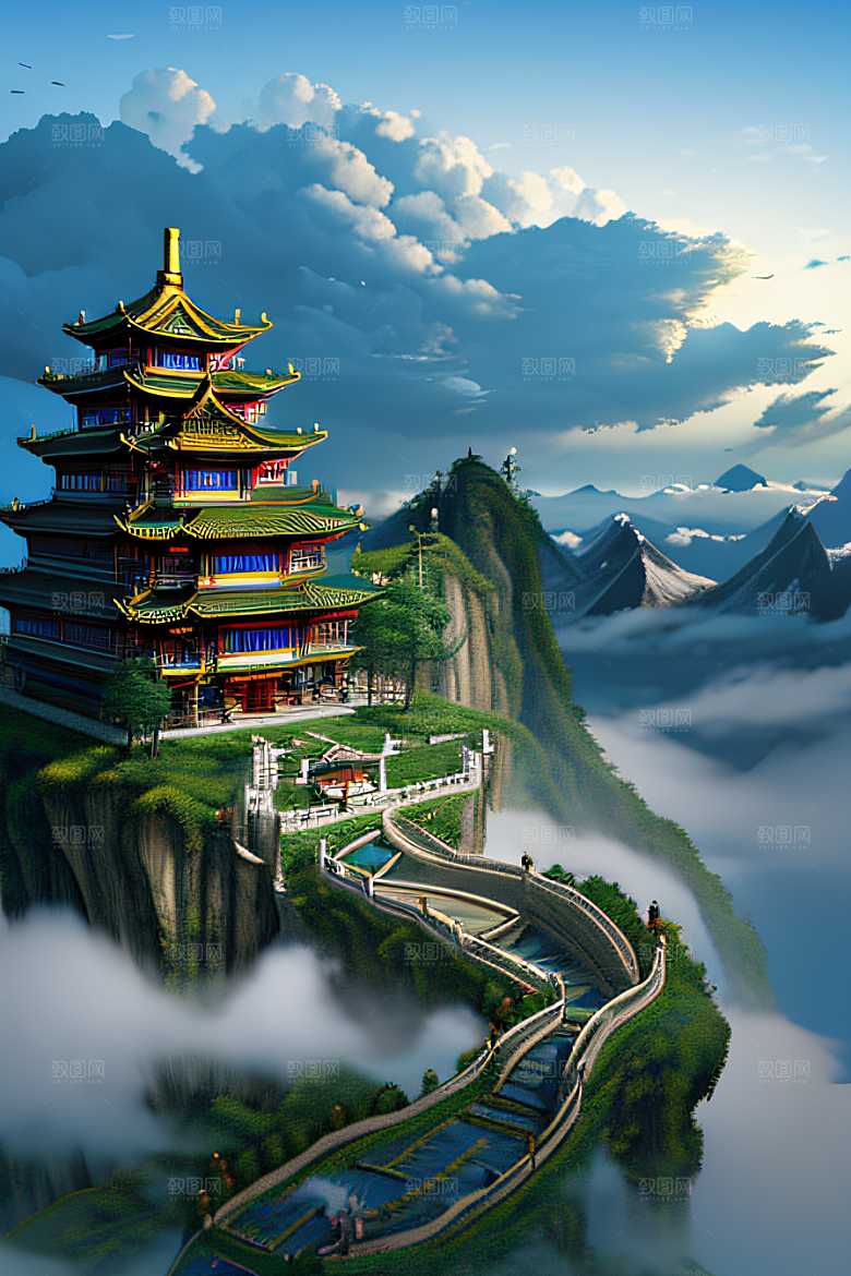 龙在白云中飞舞神话传说的超现实场景