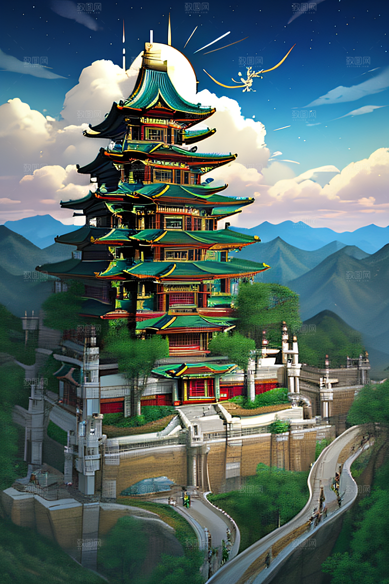 龙在白云中飞舞神话传说的超现实场景