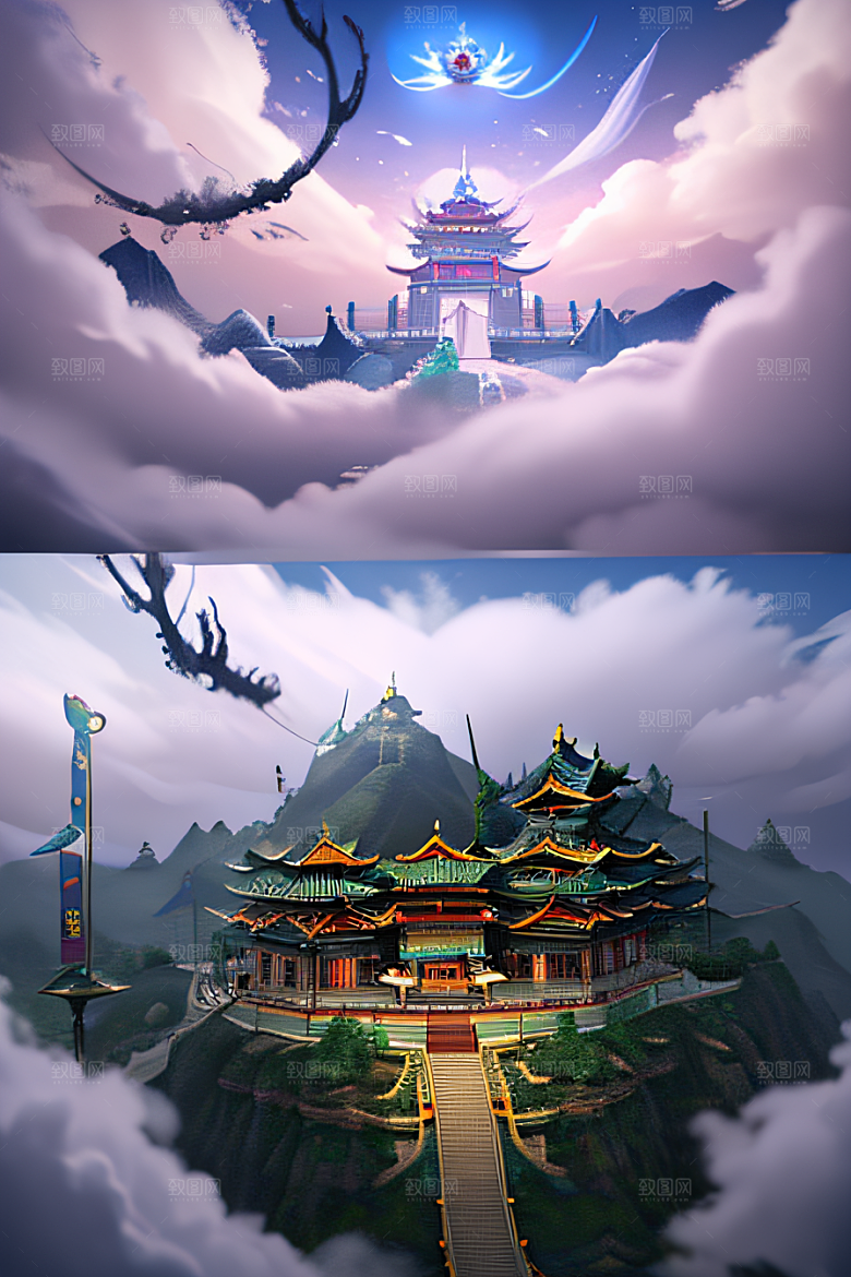 龙在白云中飞舞神话传说的超现实场景