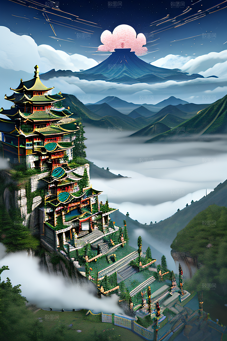 龙在白云中飞舞神话传说的超现实场景