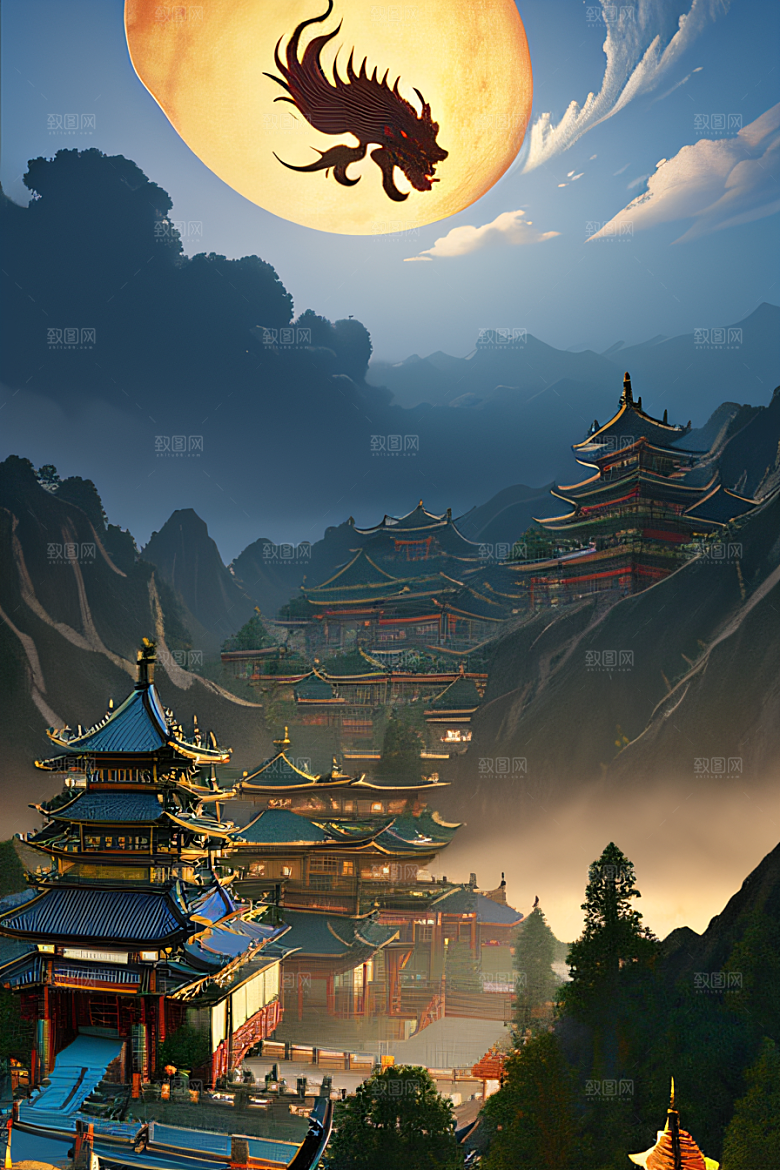 龙在白云中飞舞神话传说的超现实场景