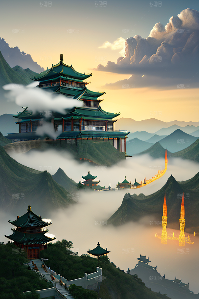 龙在白云中飞舞神话传说的超现实场景