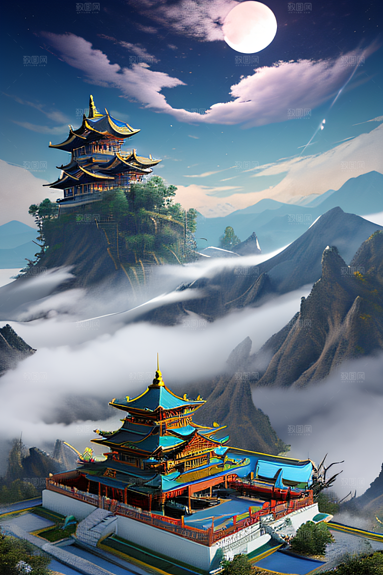 龙在白云中飞舞神话传说的超现实场景