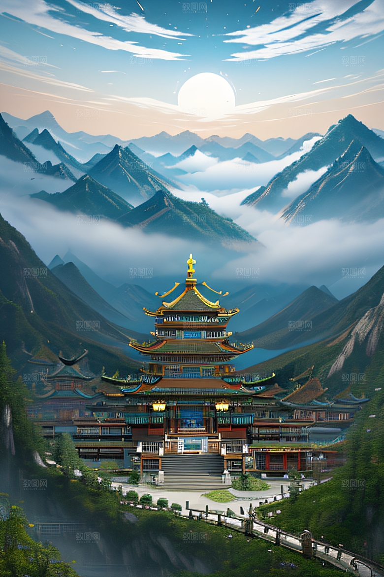 龙在白云中飞舞神话传说的超现实场景