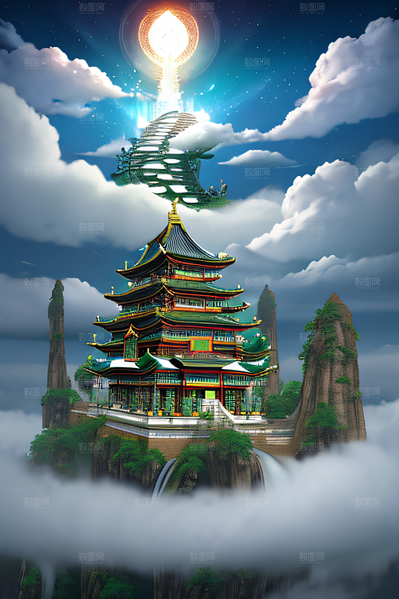 神话中的天宫超现实计算机渲染作品