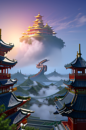 神话中的天宫超现实计算机渲染作品