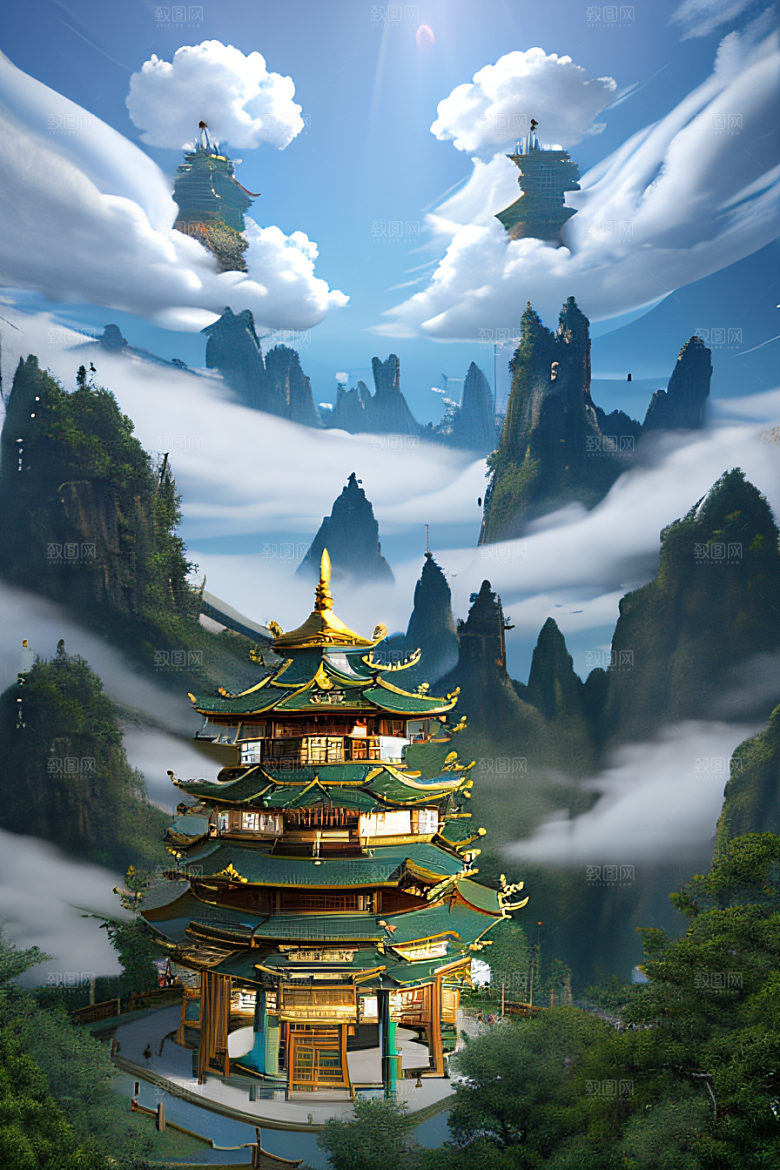 神龙翱翔白云中神话传说的超现实场景
