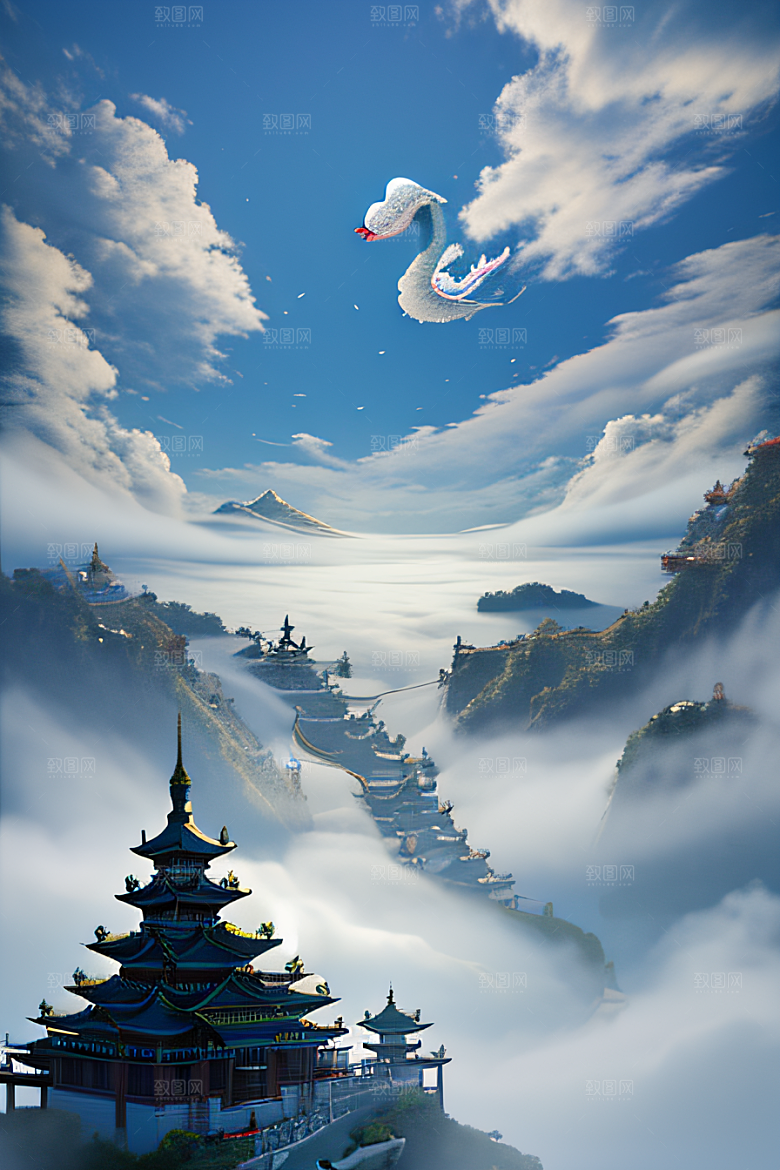 神龙翱翔白云中神话传说的超现实场景
