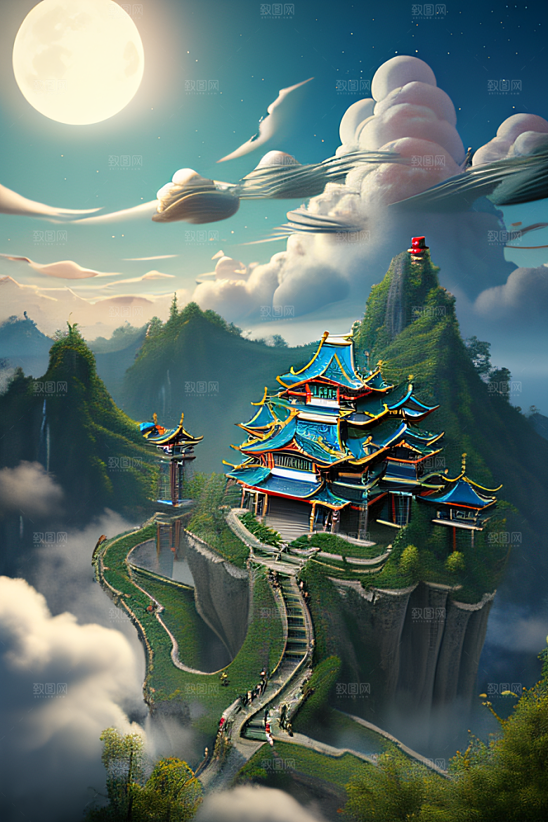 神龙翱翔白云中神话传说的超现实场景