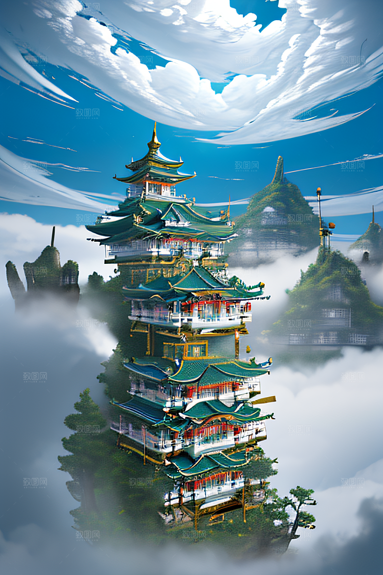 神龙翱翔白云中神话传说的超现实场景