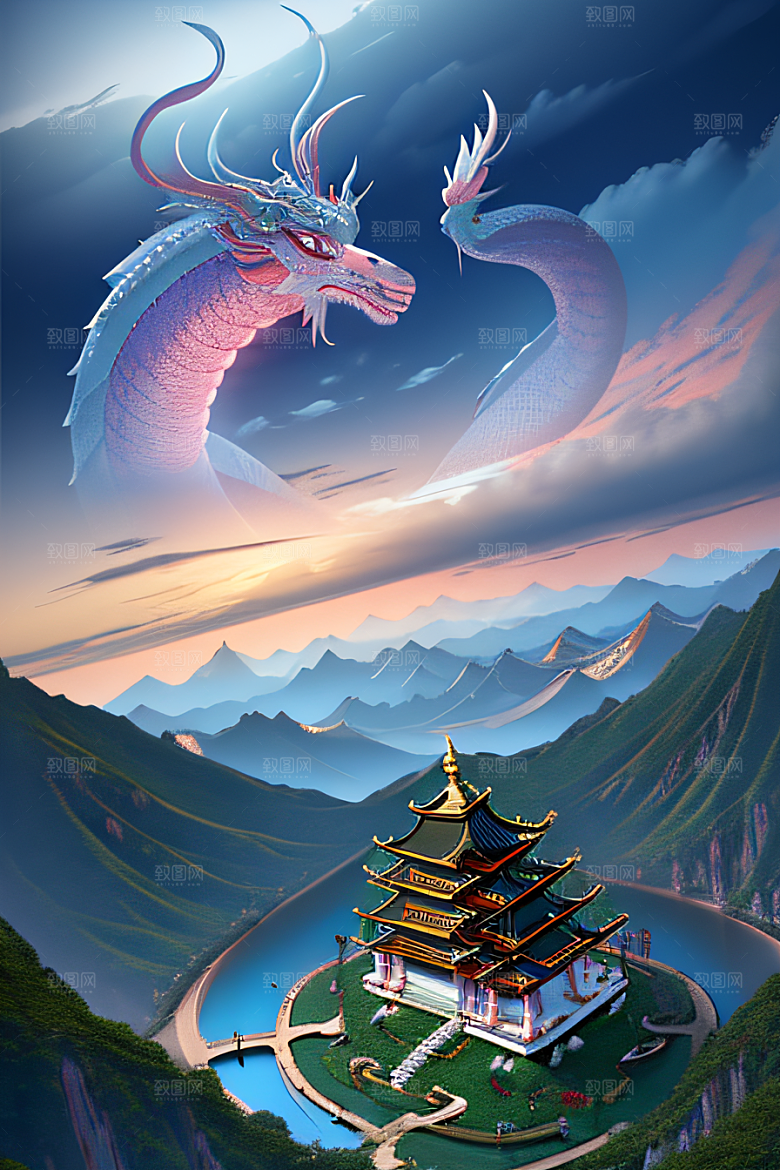 龙翱翔白云间超现实的画面