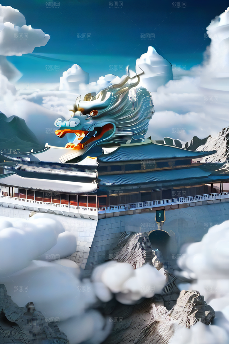 神龙翱翔白云神话传说的超现实场景