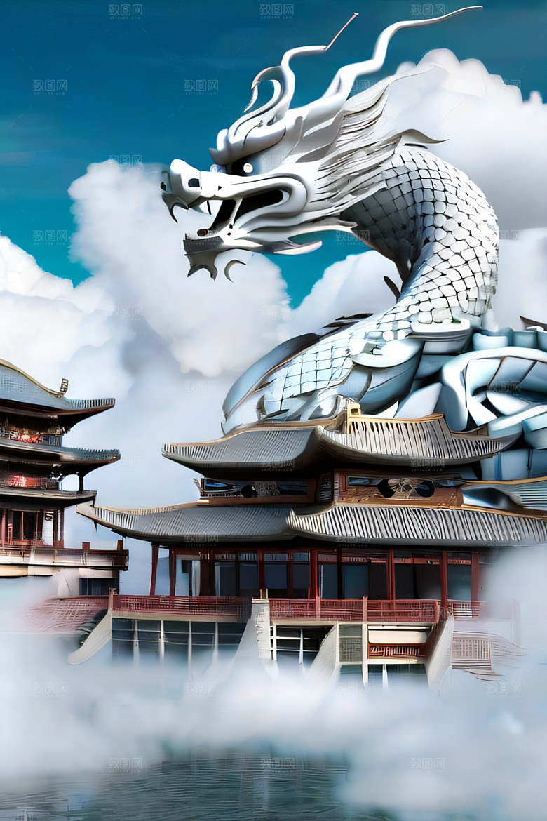 神龙翱翔白云神话传说的超现实场景