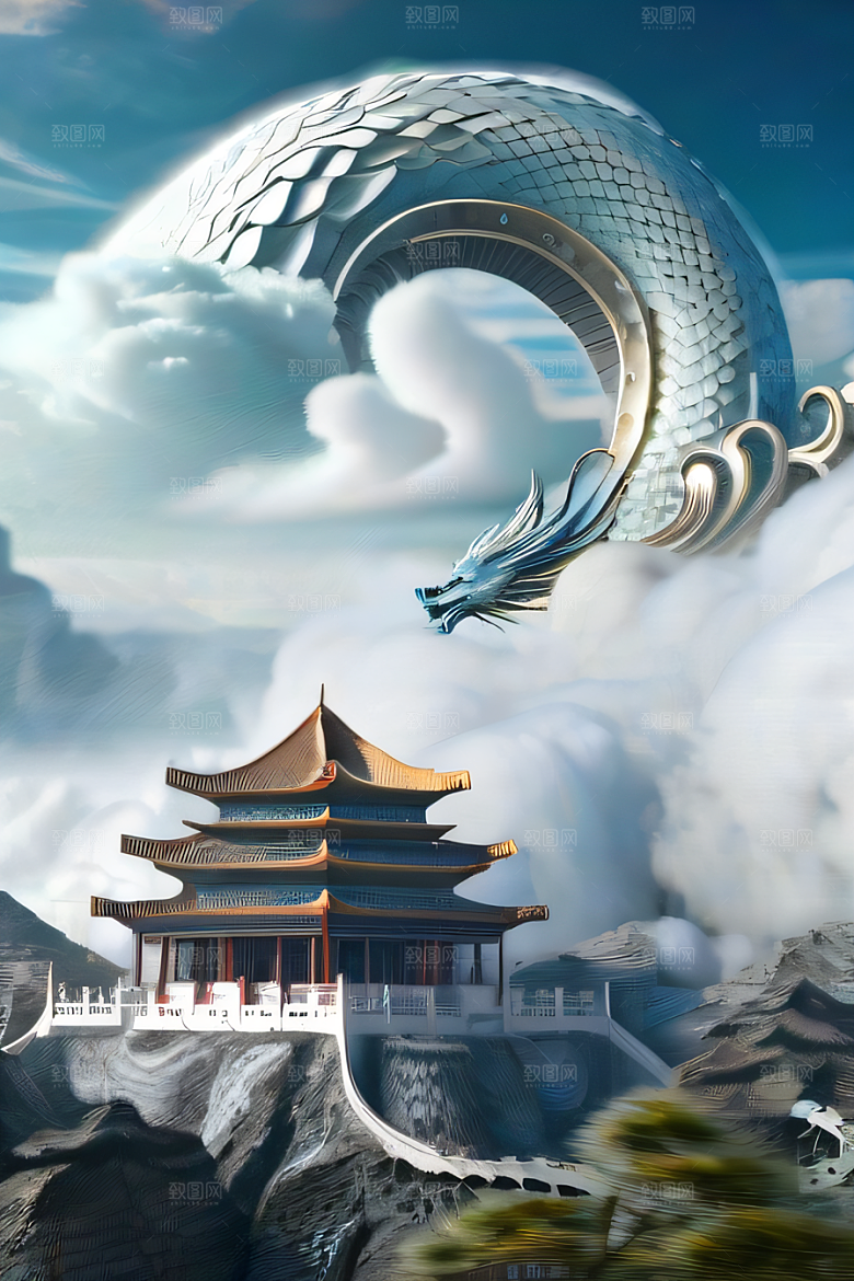 神龙翱翔白云神话传说的超现实场景