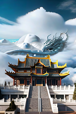 神龙翱翔白云神话传说的超现实场景