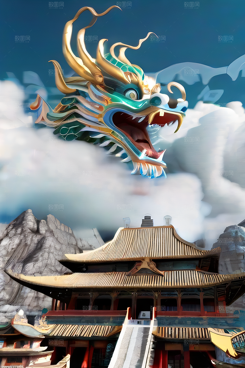神龙翱翔白云神话传说的超现实场景