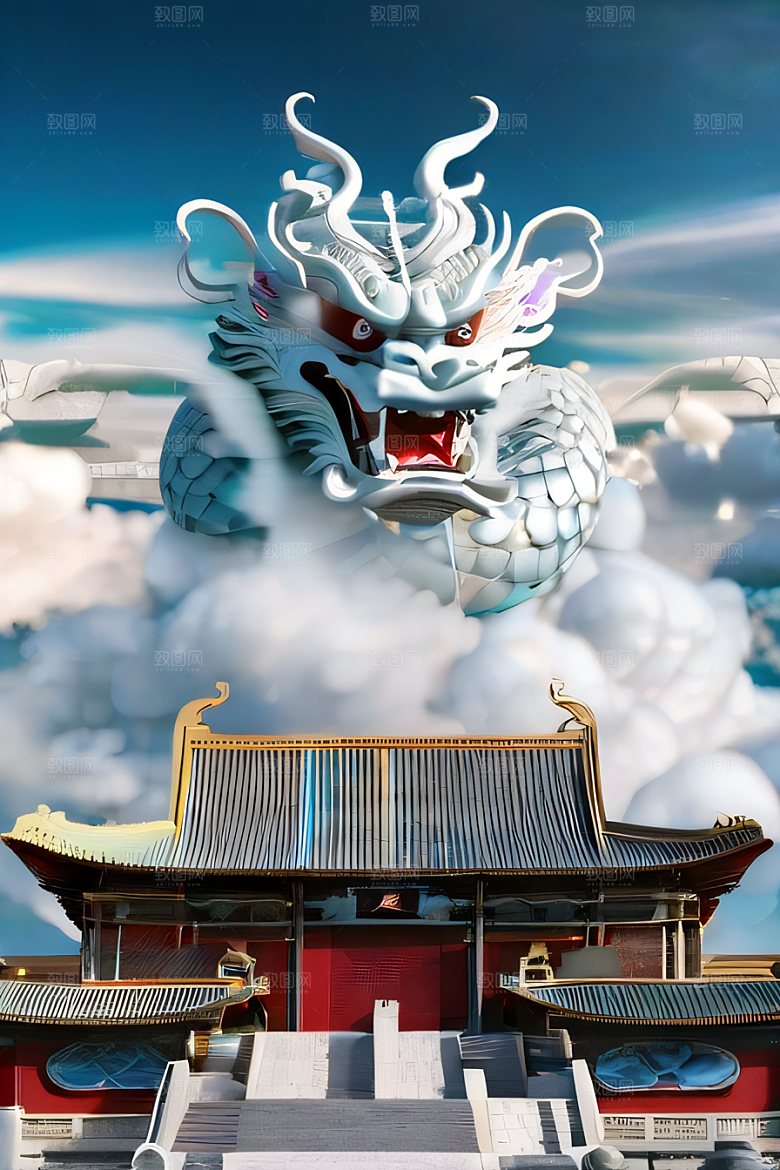 神龙翱翔白云神话传说的超现实场景