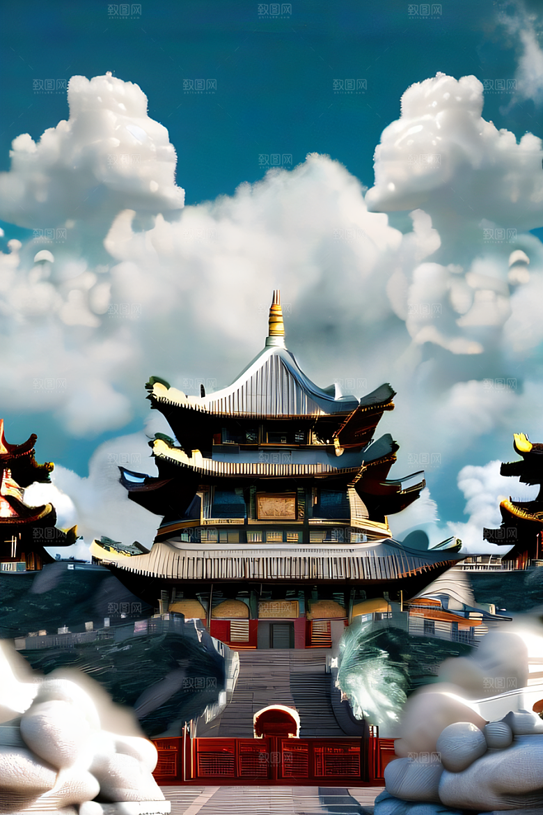 神龙翱翔白云神话传说的超现实场景