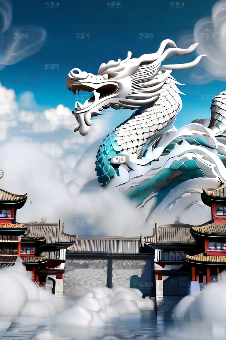 神龙翱翔白云神话传说的超现实场景