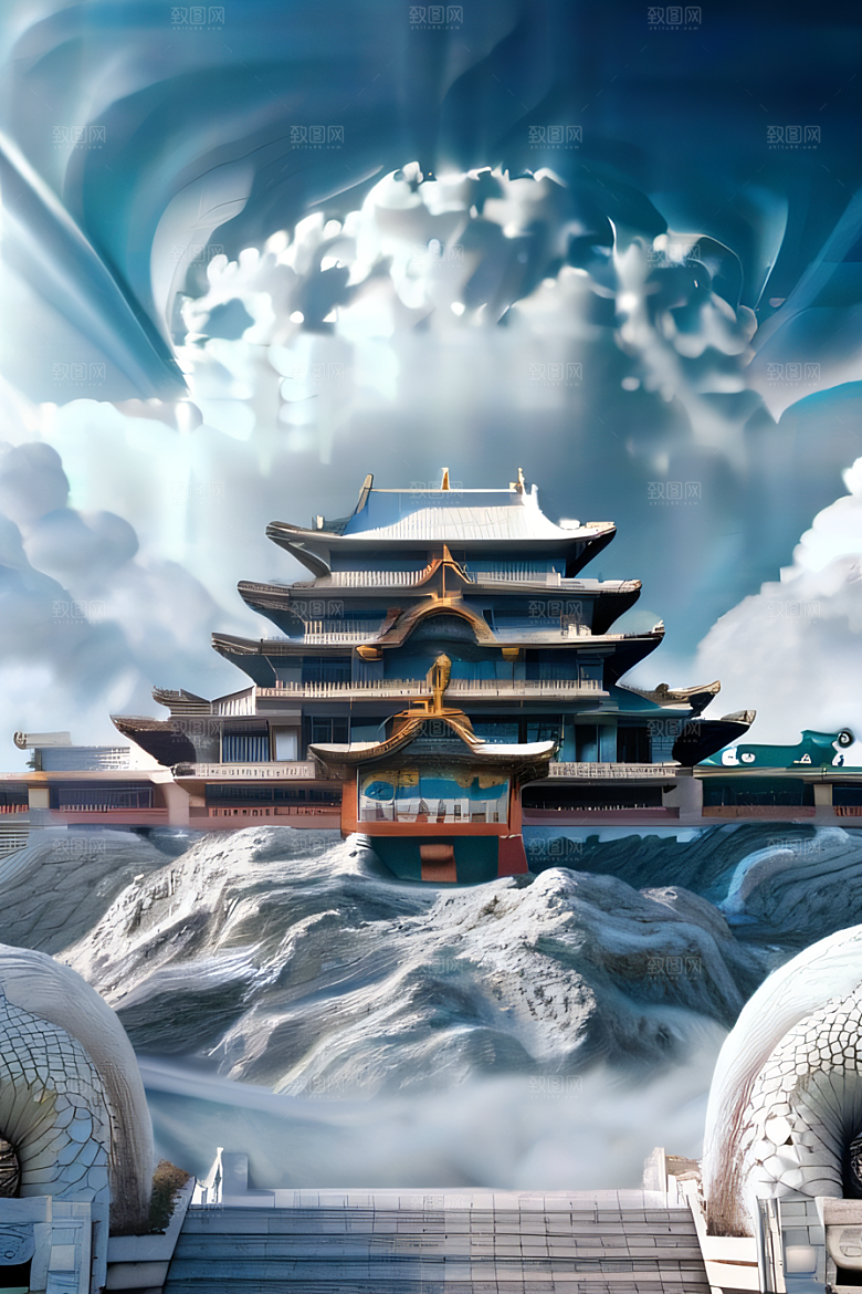 龙在白云中飞舞神话传说的超现实场景