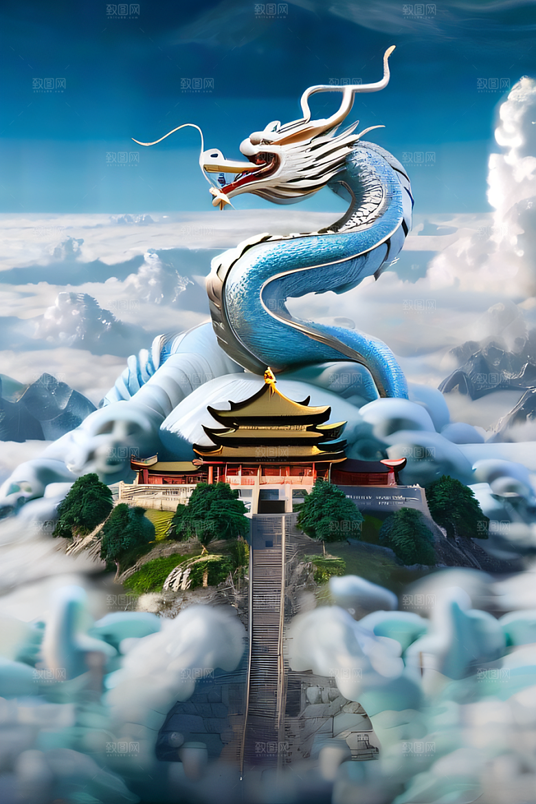 龙在白云中飞舞神话传说的超现实场景