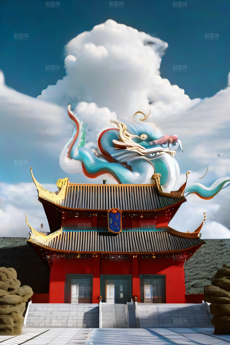龙在白云中飞舞神话传说的超现实场景