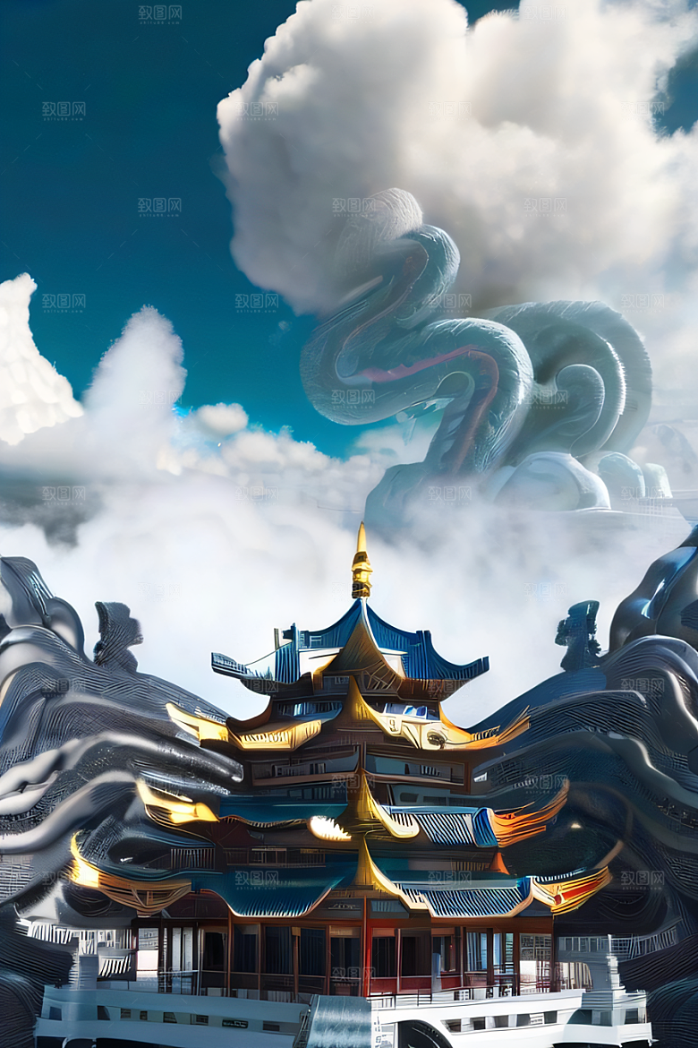 龙在白云中飞舞神话传说的超现实场景