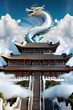 龙在白云中飞舞神话传说的超现实场景