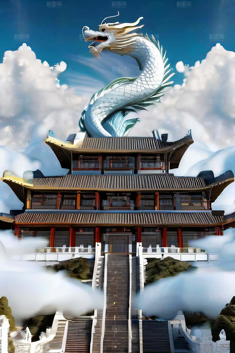 龙在白云中飞舞神话传说的超现实场景