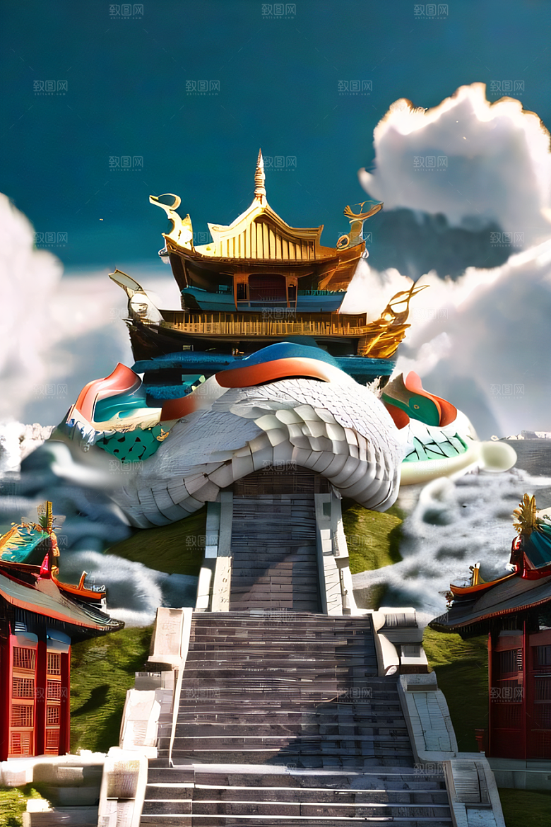 龙在白云中飞舞神话传说的超现实场景