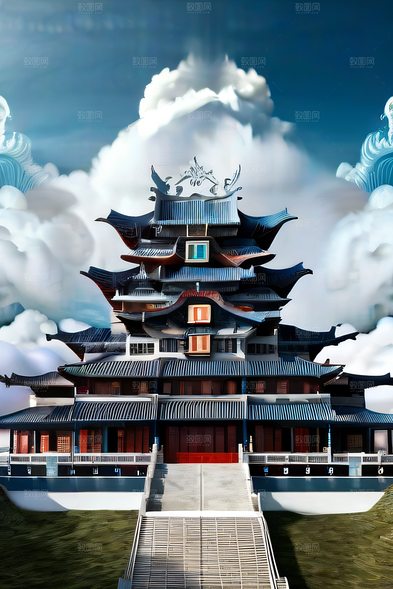 龙在白云中飞舞神话传说的超现实场景